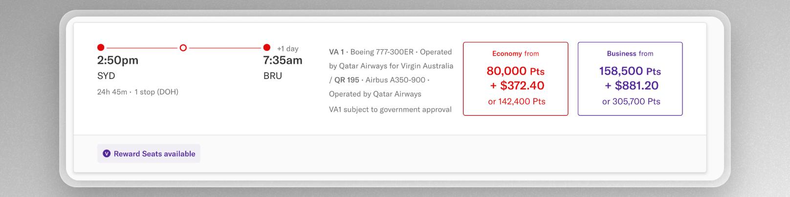 Sydney to Brussels using Velocity points