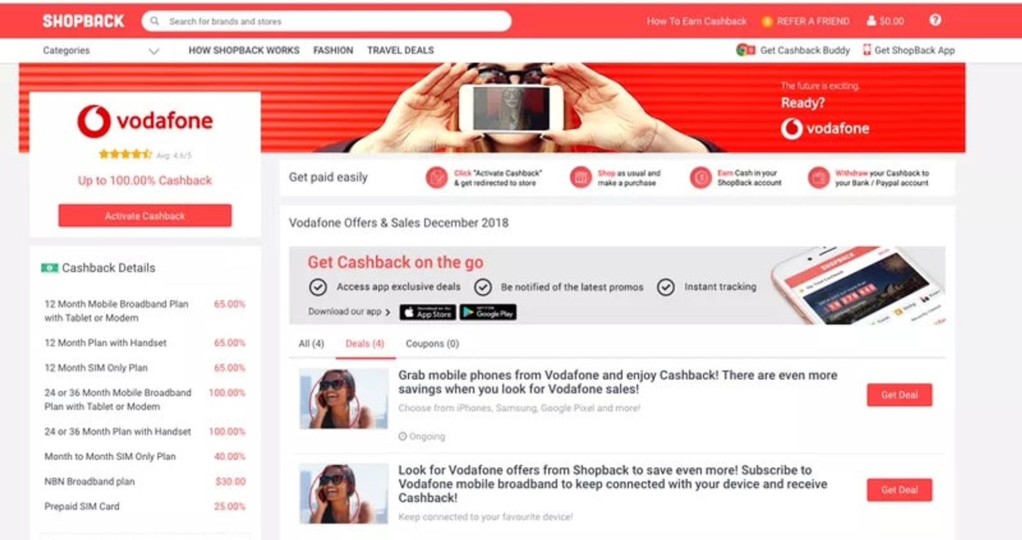 ShopBack Vodafone store page listing cashback rates on mobile plans