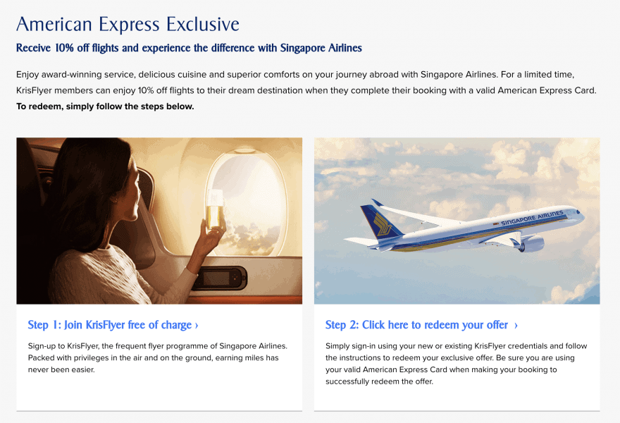 Singapore Airlines American Express exclusive offer page for 10% off flights