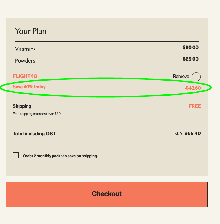 Vitable checkout showing a 40% discount applied to the order