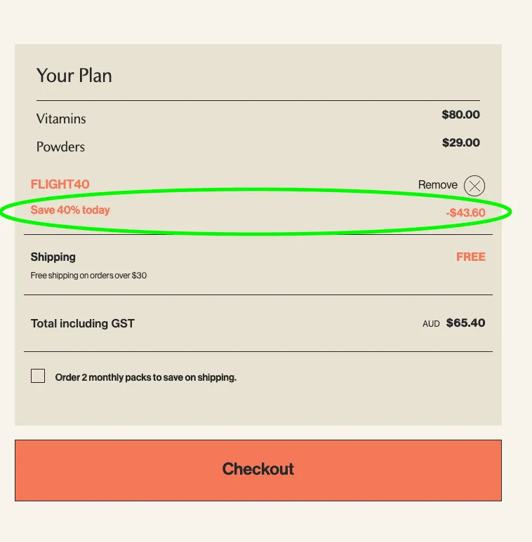 Vitable checkout showing a 40% discount applied to the order