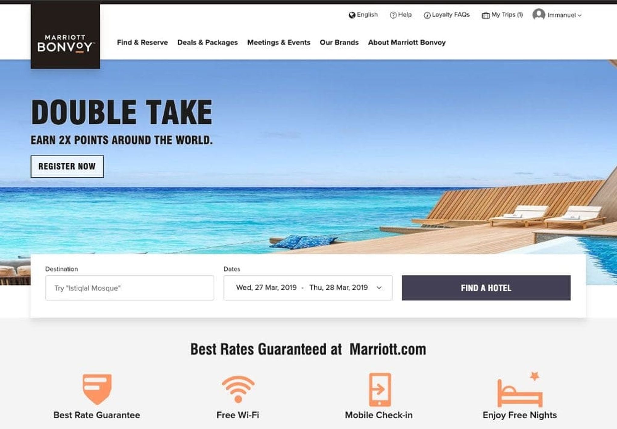 Marriott Bonvoy Double Take promotion page offering 2X points