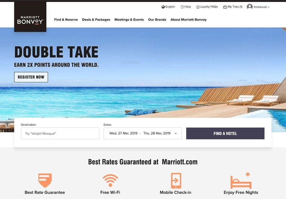 Marriott Bonvoy Double Take promotion page offering 2X points