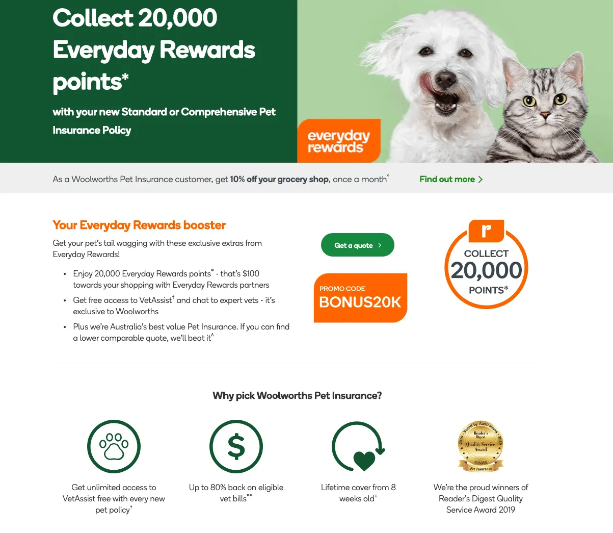 Woolworths Pet Insurance offer of 20,000 Everyday Rewards points on new policies