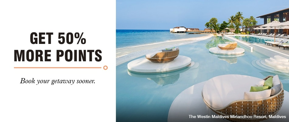 Marriott Bonvoy 50% more points offer featuring The Westin Maldives Miriandhoo Resort