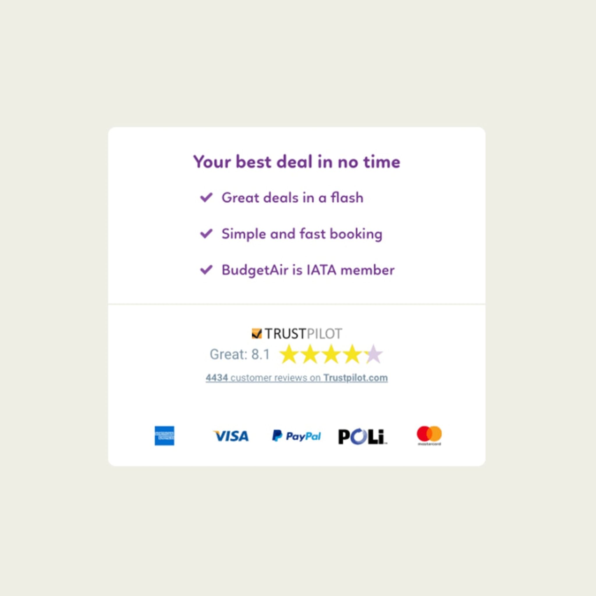 BudgetAir booking panel showing its Trustpilot rating and accepted payment methods