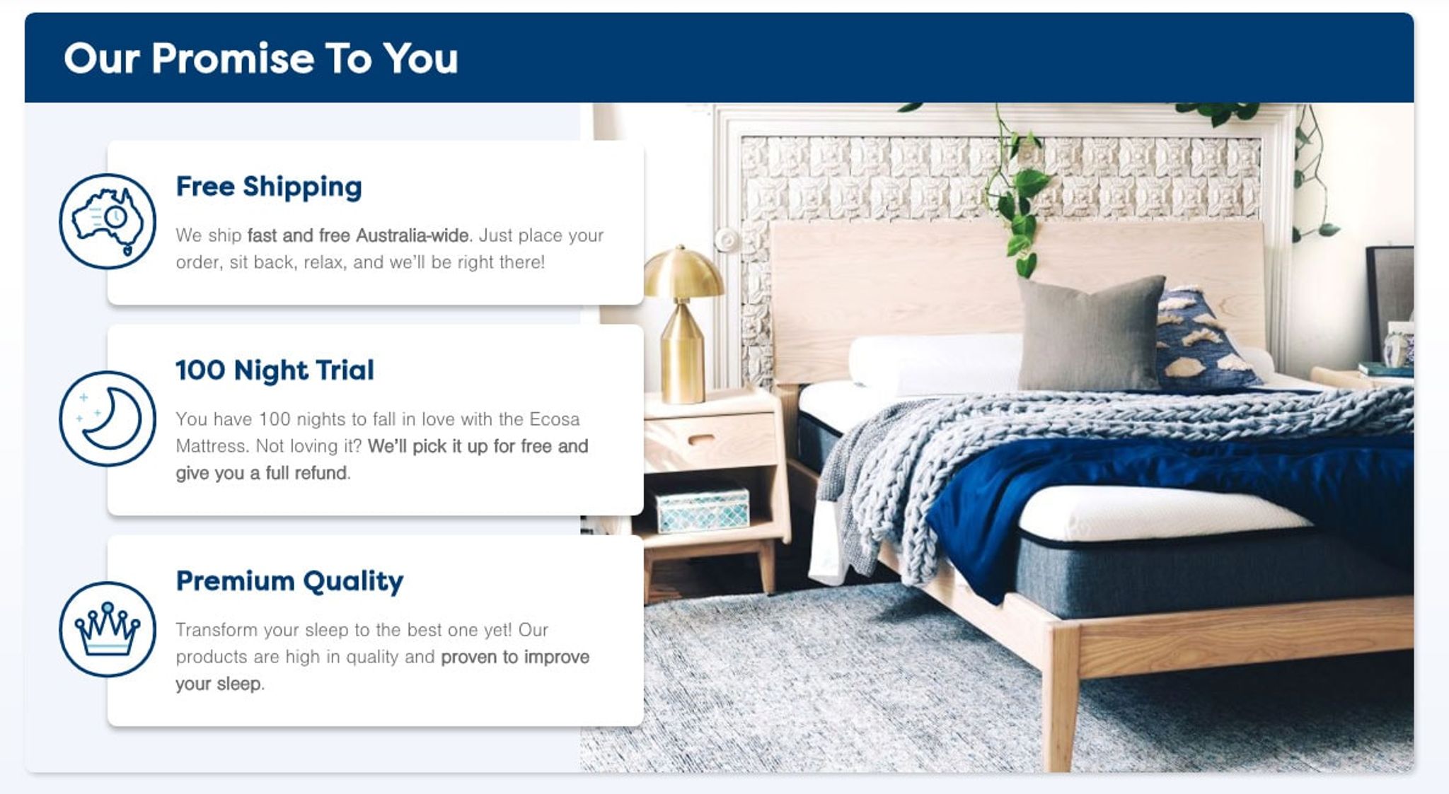 Ecosa promises of free shipping, a 100-night trial and premium quality