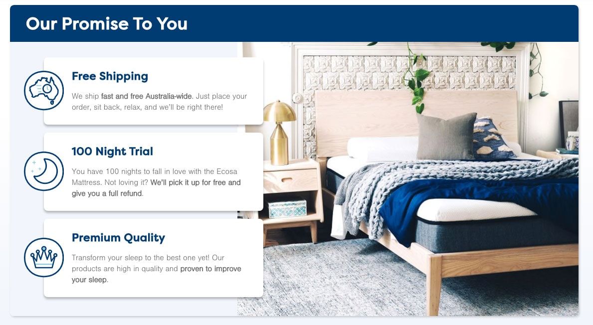 Ecosa promises of free shipping, a 100-night trial and premium quality