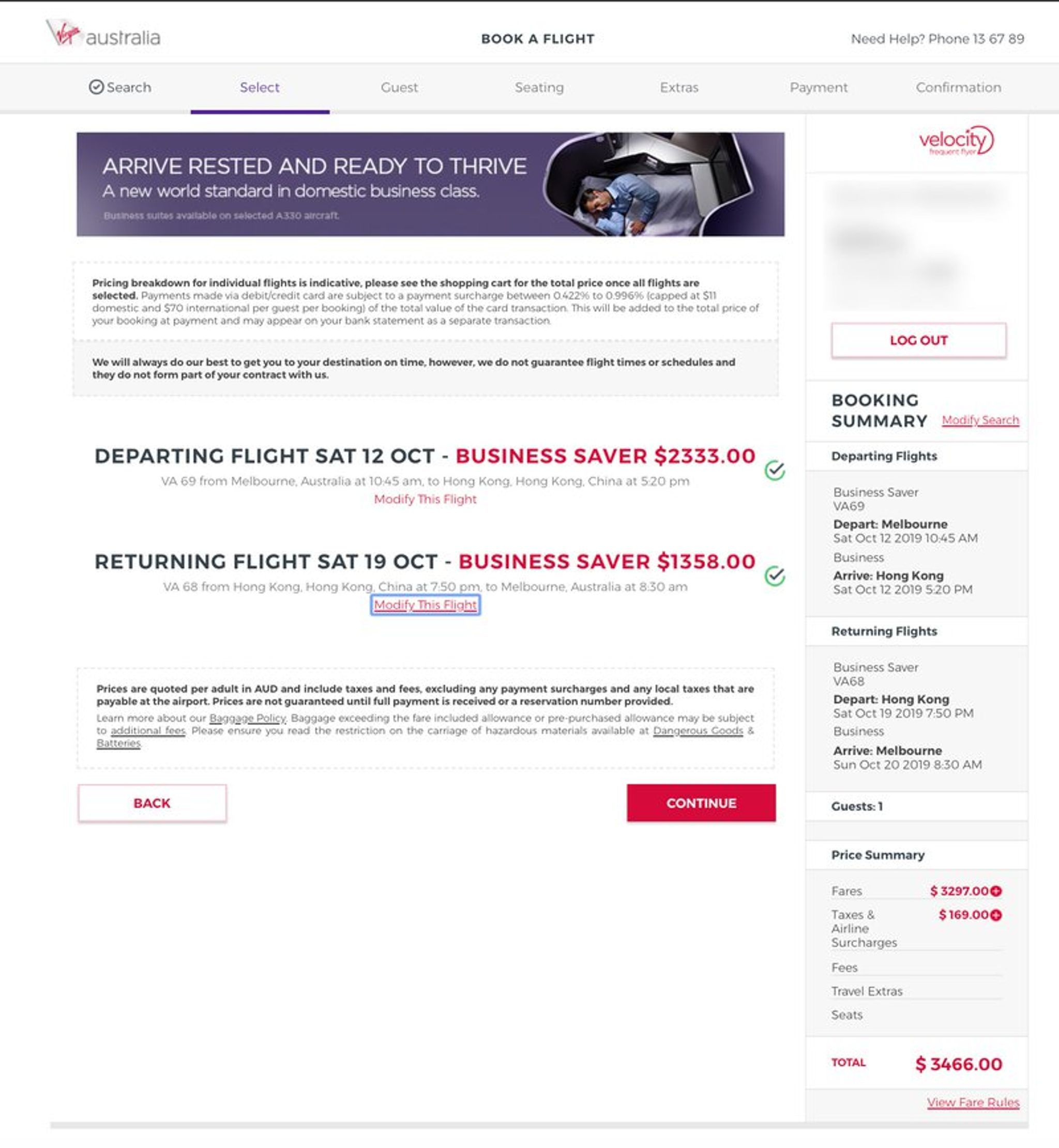Virgin Australia booking for Melbourne to Hong Kong in Business Saver, totalling $3,466