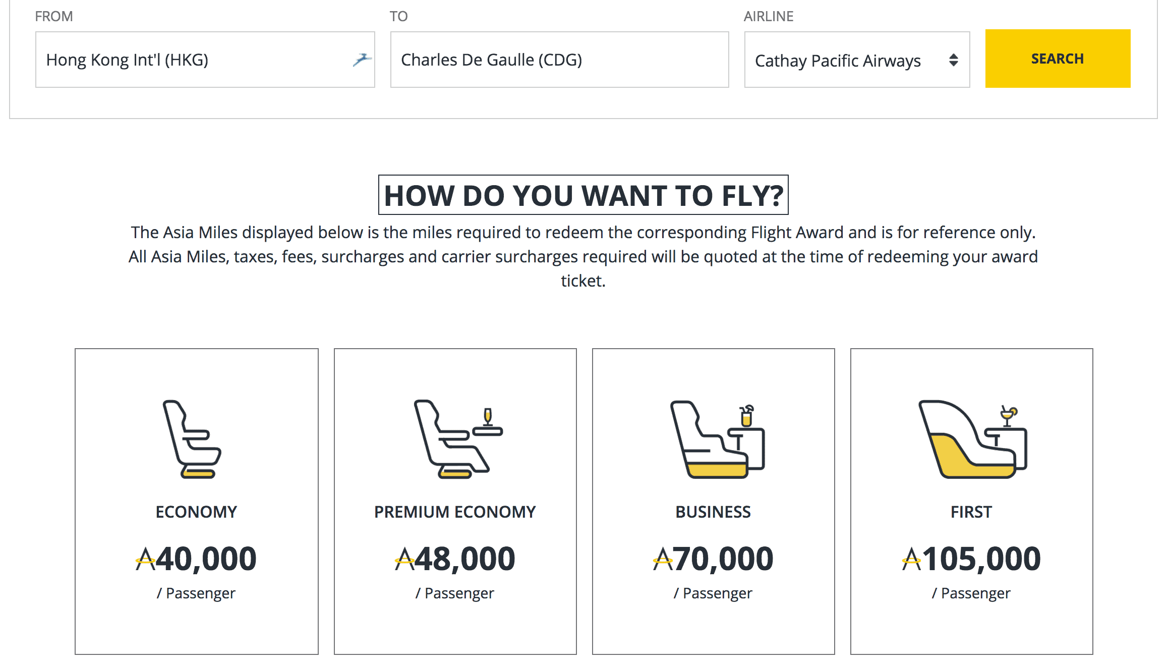 Asia Miles award chart for Cathay Pacific Hong Kong to Paris, 105,000 miles in First