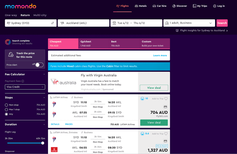 Momondo results for LATAM business class Sydney to Auckland from 704 AUD return