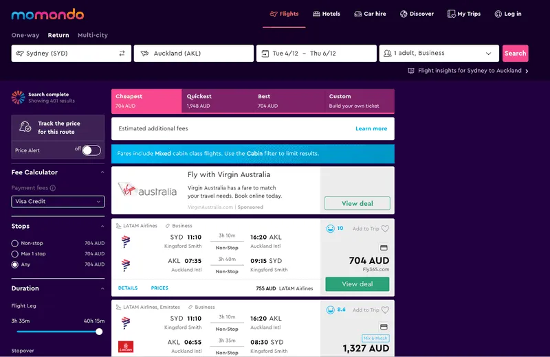 Momondo results for LATAM business class Sydney to Auckland from 704 AUD return