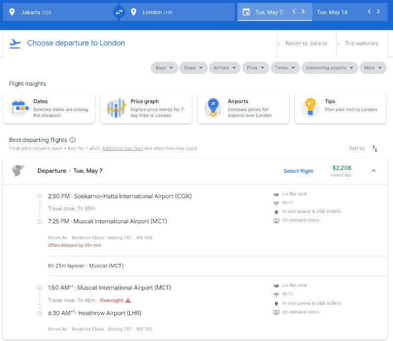 Google Flights itinerary from Jakarta to London via Muscat on Oman Air business class for $2,208