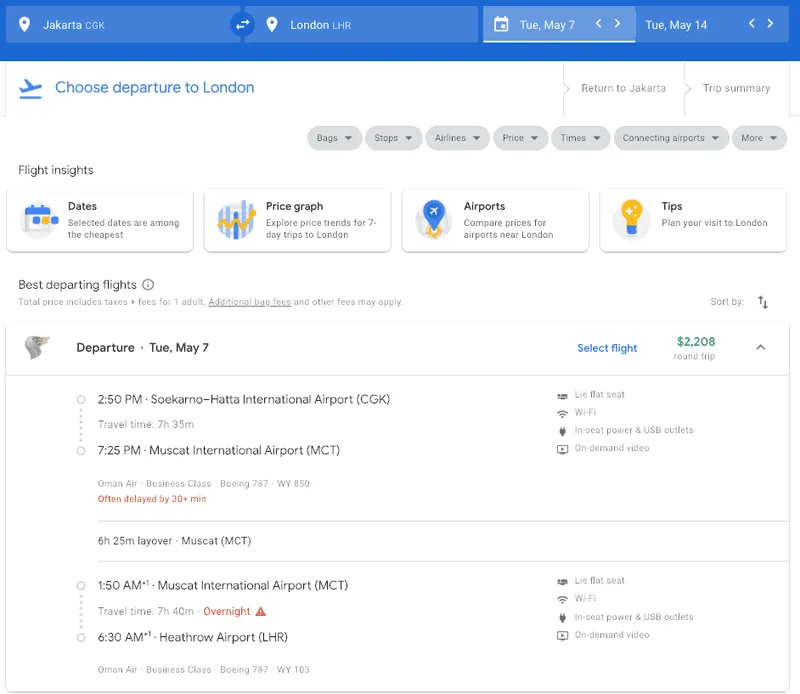 Google Flights itinerary from Jakarta to London via Muscat on Oman Air business class for $2,208
