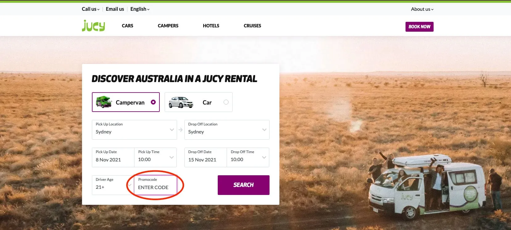Jucy campervan rental search form with the promo code field circled