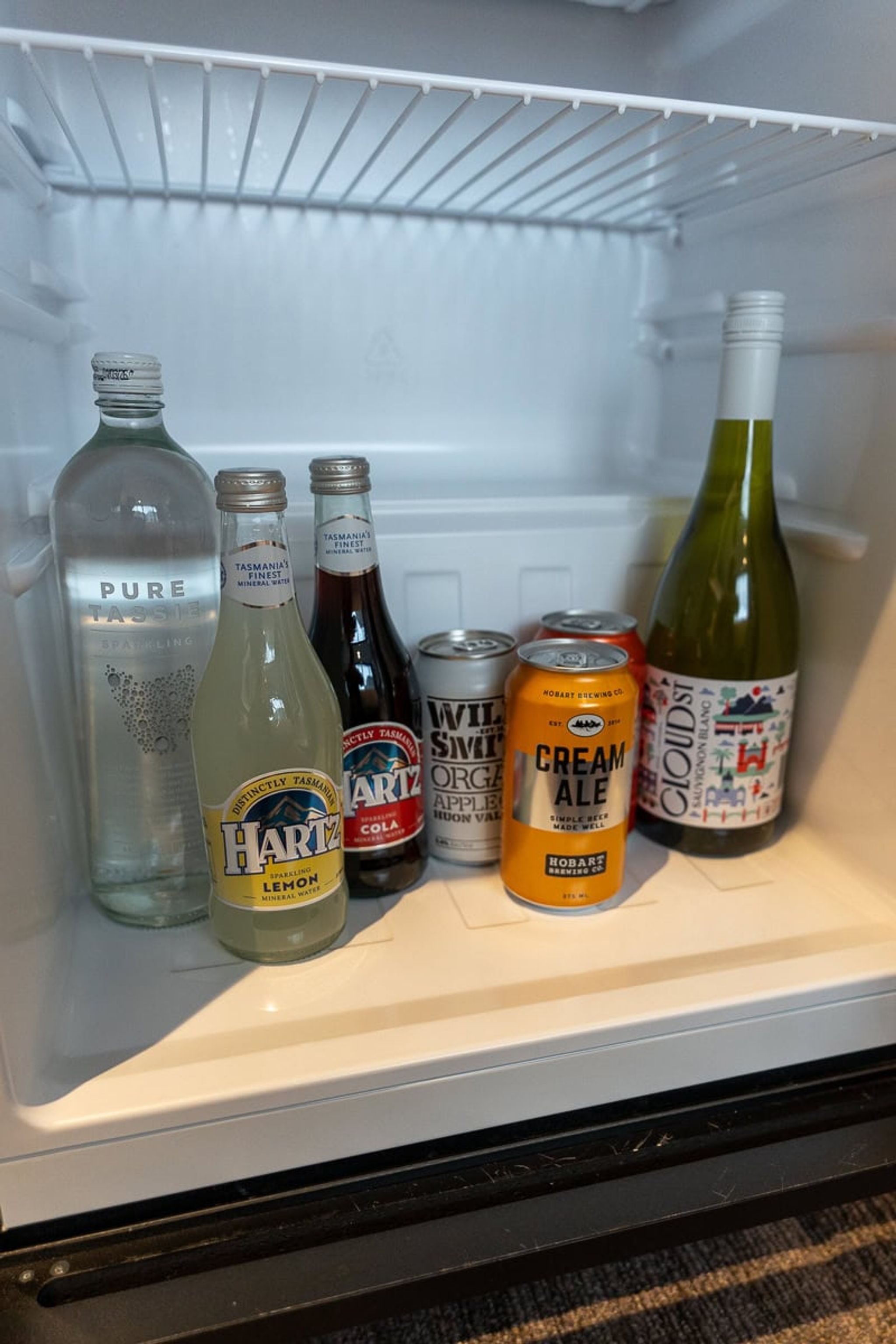 Minibar at Mövenpick Hobart stocked with Tasmanian drinks and wine