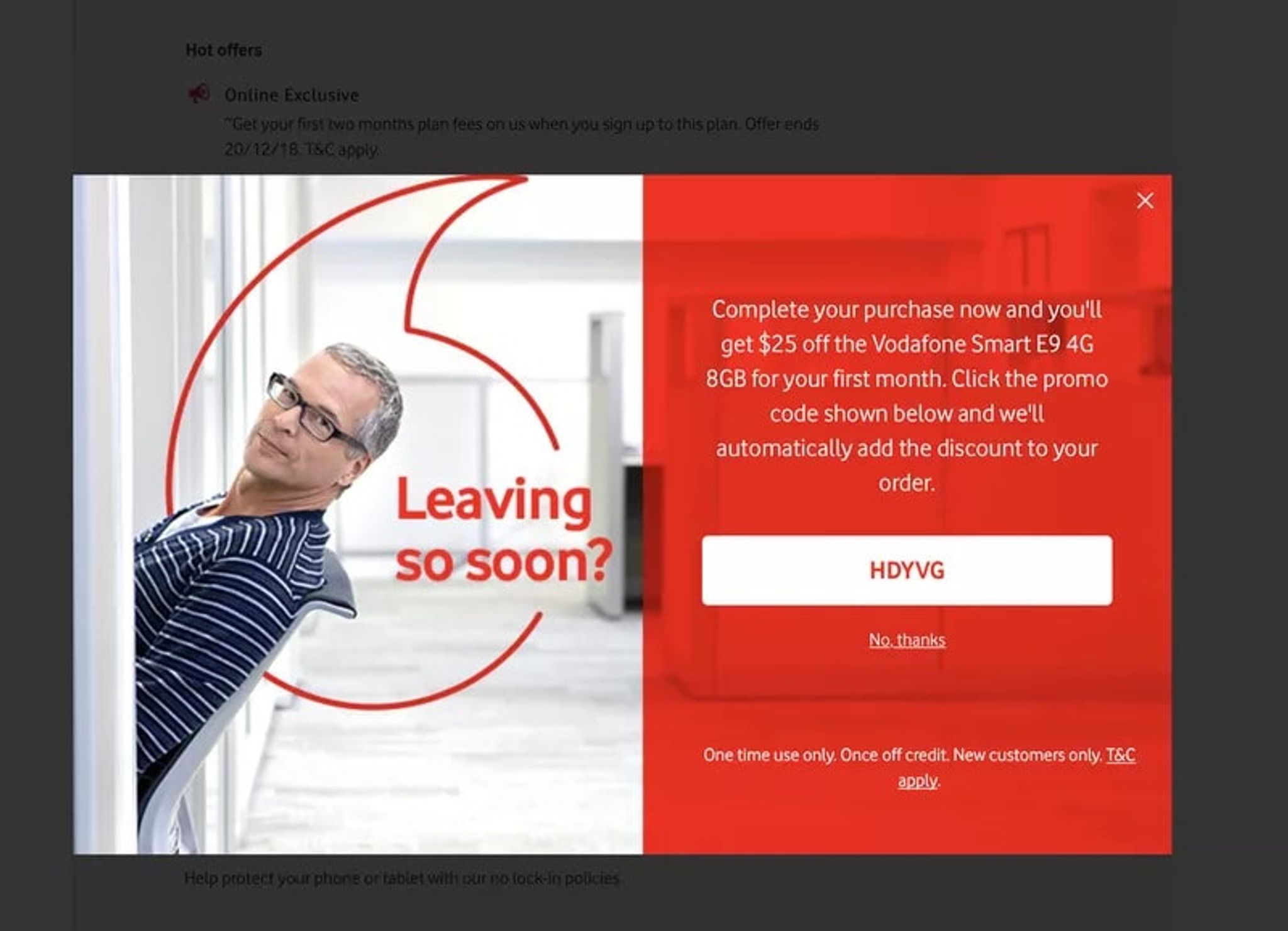 Vodafone exit pop-up offering a discount on the Smart E9 4G phone at checkout