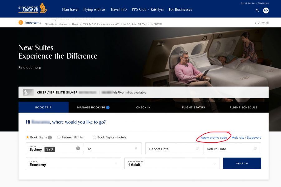 Singapore Airlines homepage booking form with the Apply promo code link circled