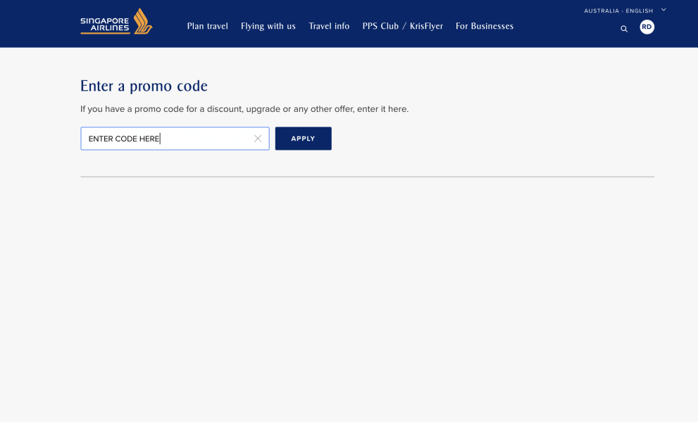Singapore Airlines Enter a promo code page