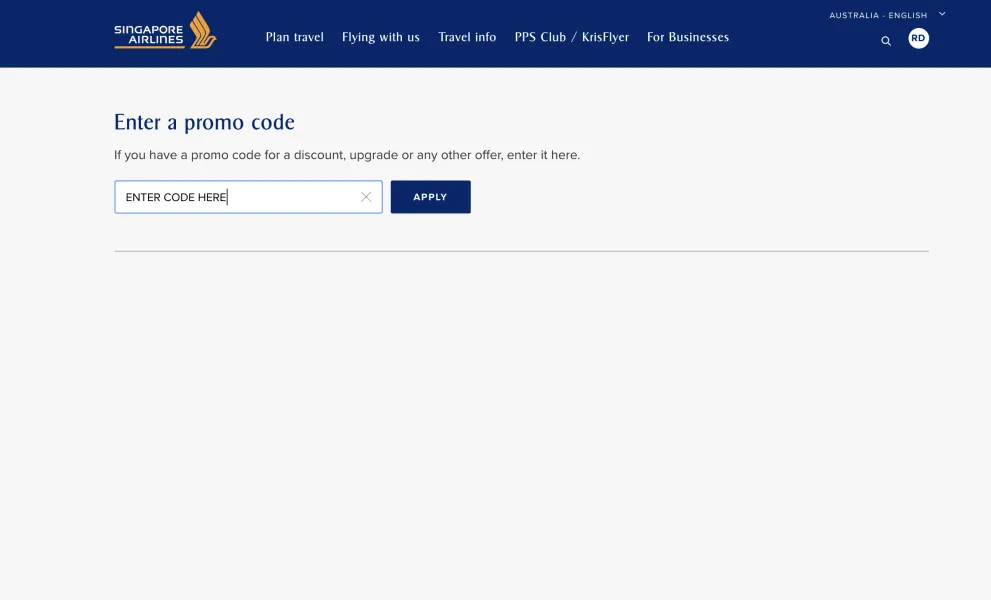 Singapore Airlines Enter a promo code page