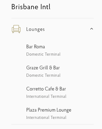 Priority Pass list of lounges at Brisbane Airport, including Bar Roma and Plaza Premium Lounge