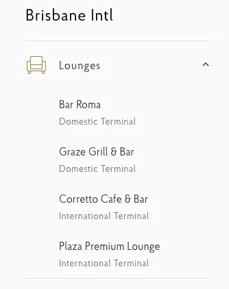 Priority Pass list of lounges at Brisbane Airport, including Bar Roma and Plaza Premium Lounge