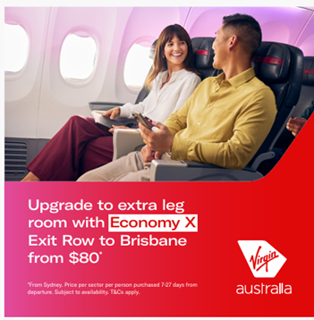 Virgin Australia advertisement for Economy X exit row seats to Brisbane
