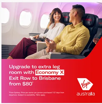 Virgin Australia advertisement for Economy X exit row seats to Brisbane