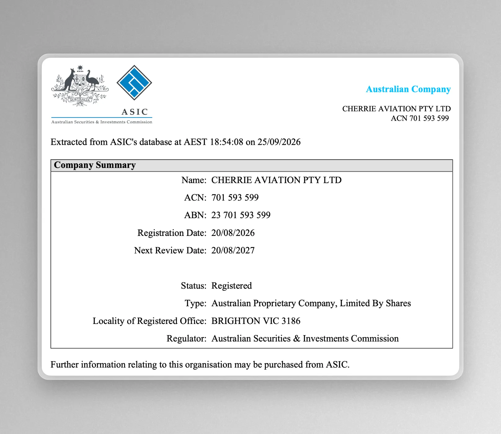 Cherrie Aviation was registered with ASIC in August
