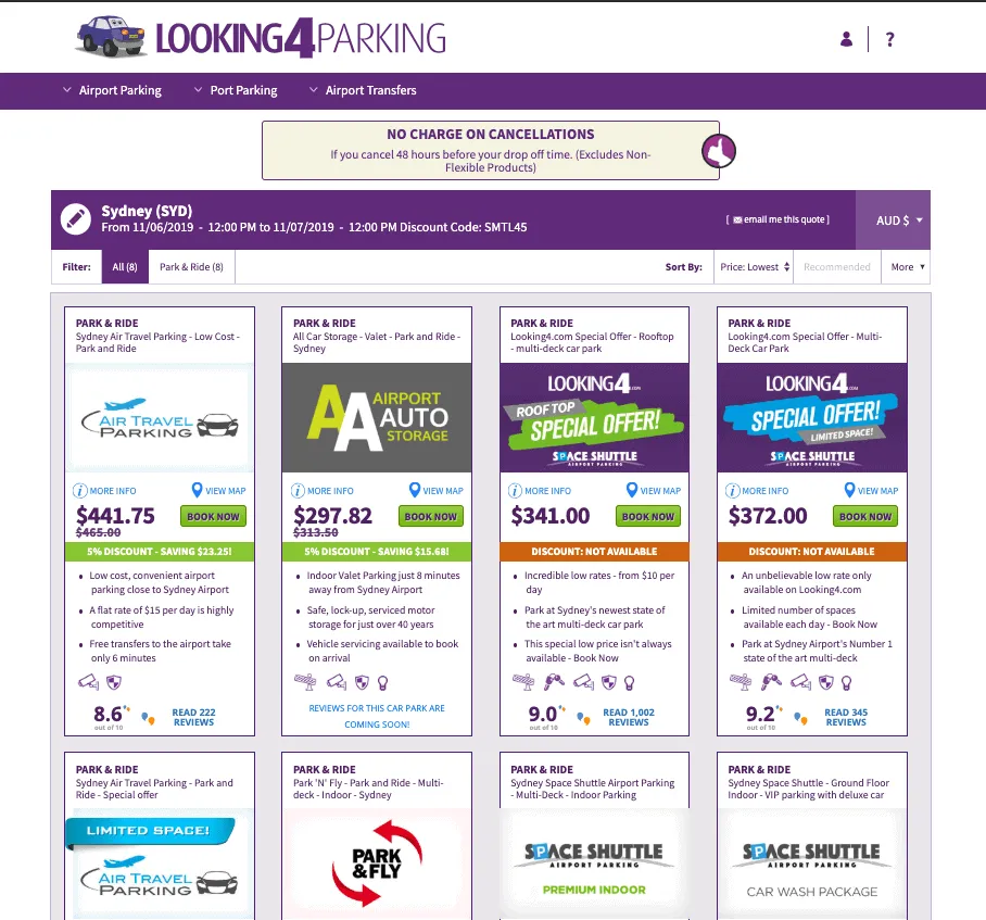 Looking4Parking results for Sydney Airport parking with prices