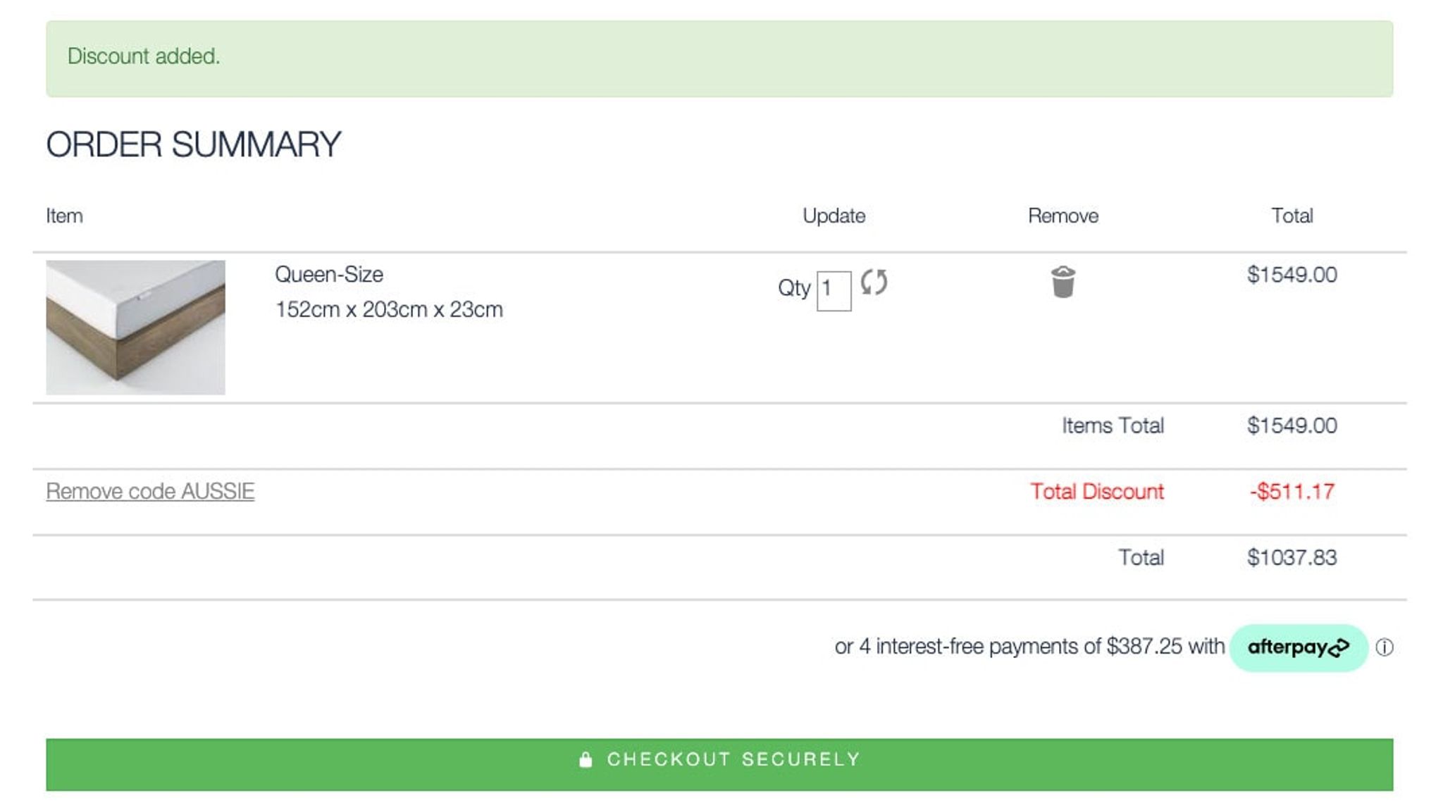 Ergoflex order summary for a queen-size mattress with a discount applied