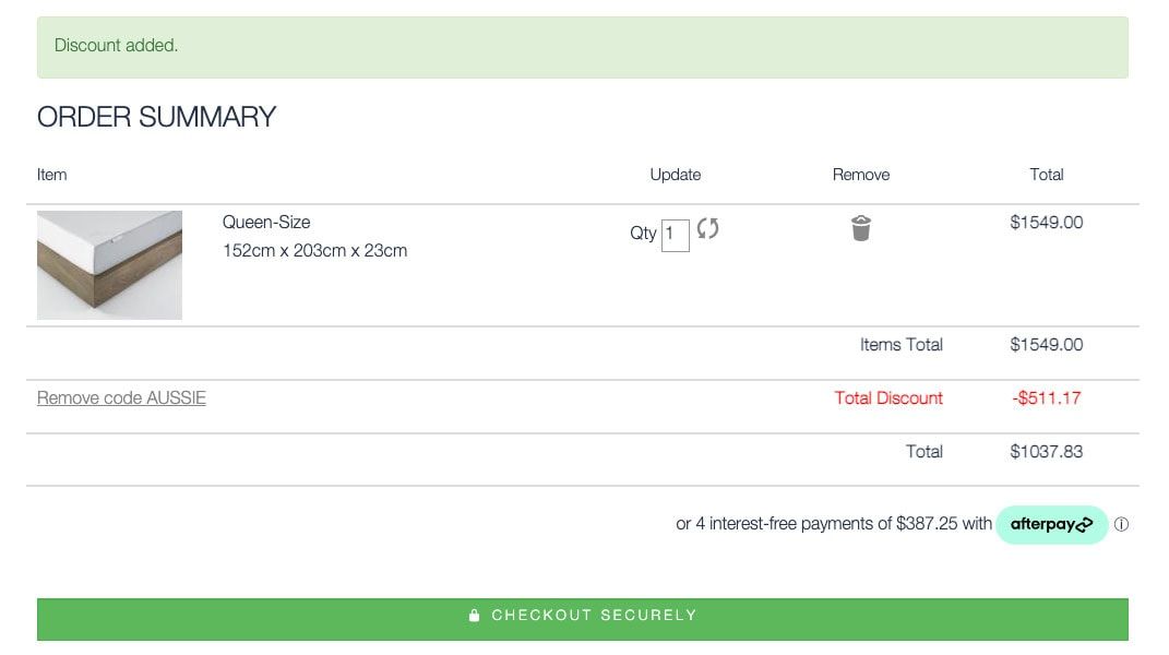 Ergoflex order summary for a queen-size mattress with a discount applied
