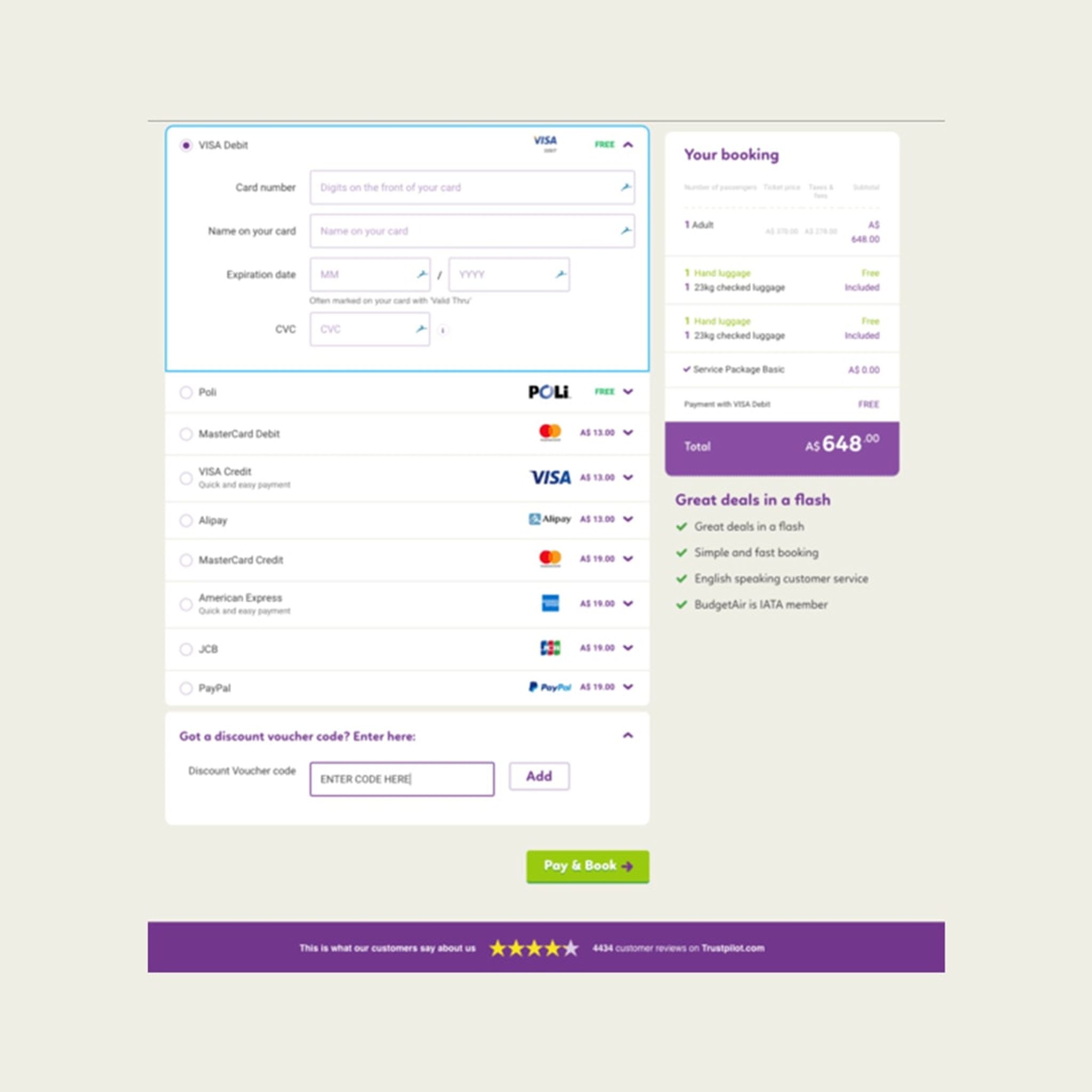 BudgetAir payment page with card options and the discount voucher code field