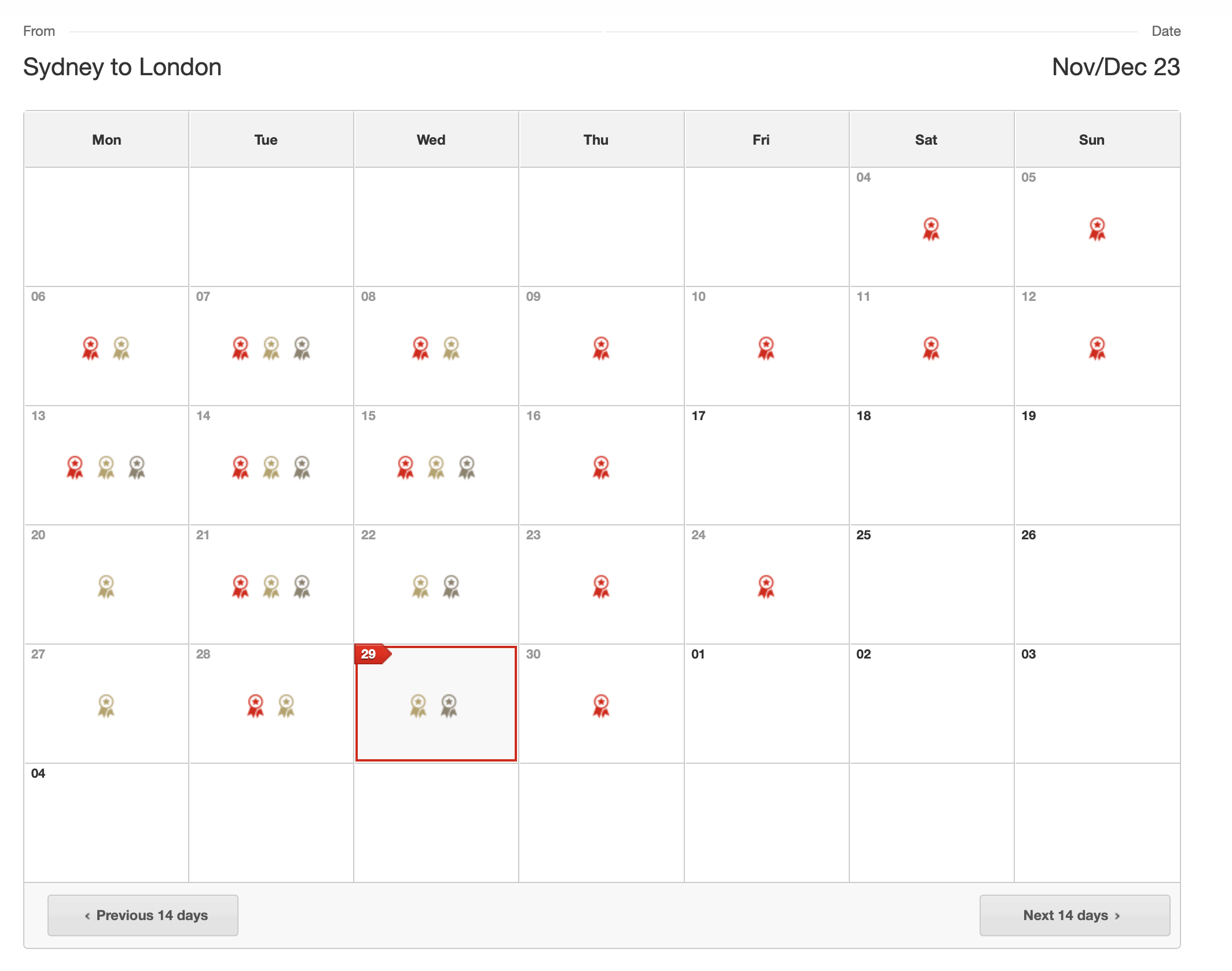 Qantas reward seat calendar for Sydney to London in Nov/Dec 2023