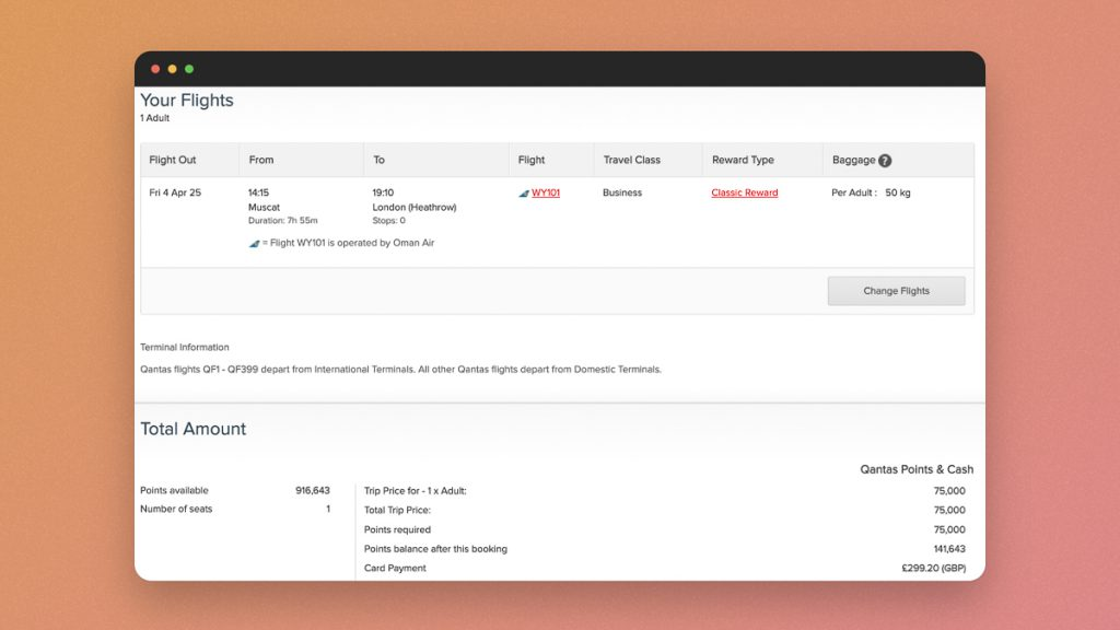Qantas booking of an Oman Air business class Classic Reward from Muscat to London