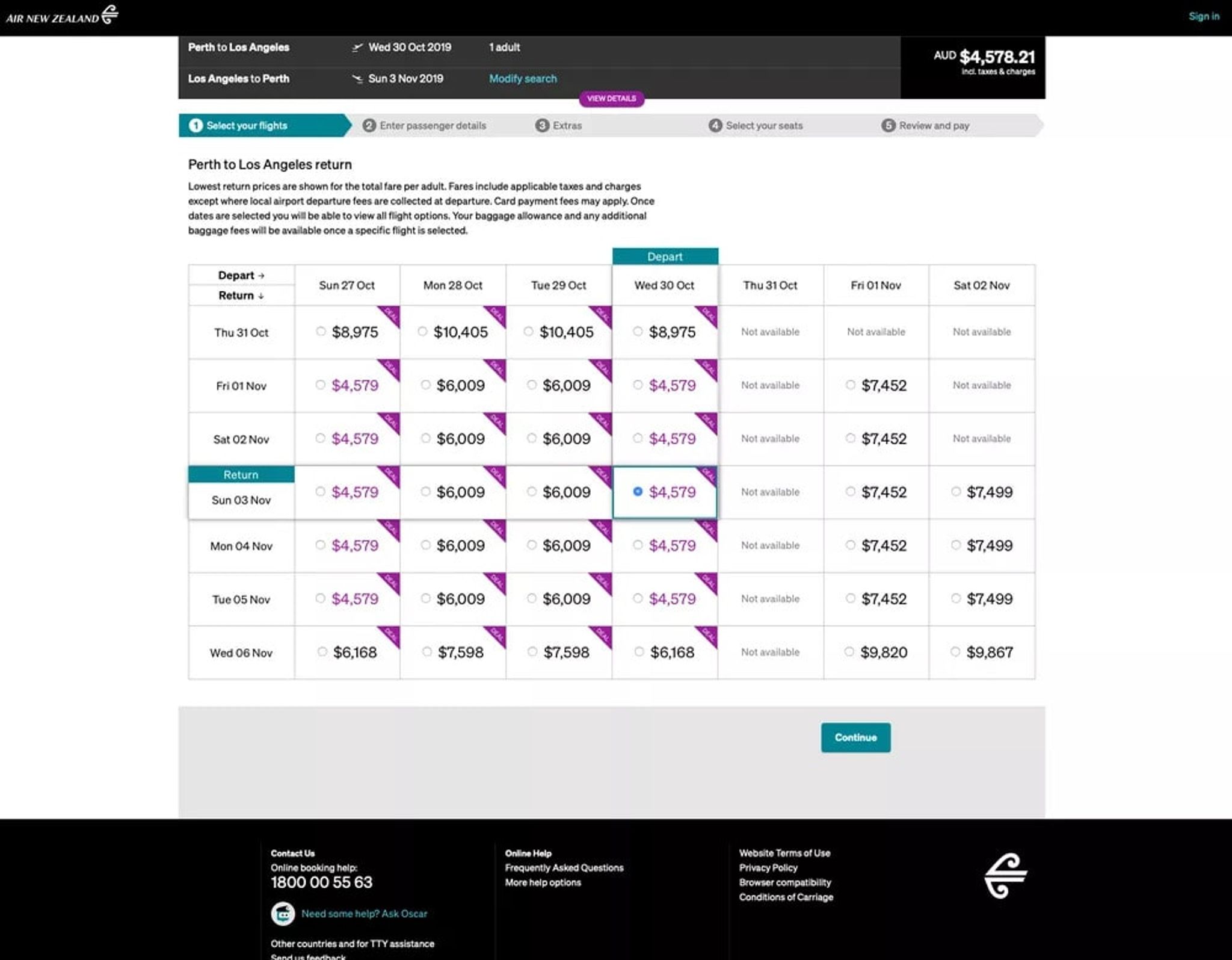 Air New Zealand fare calendar for Perth to Los Angeles return in business class