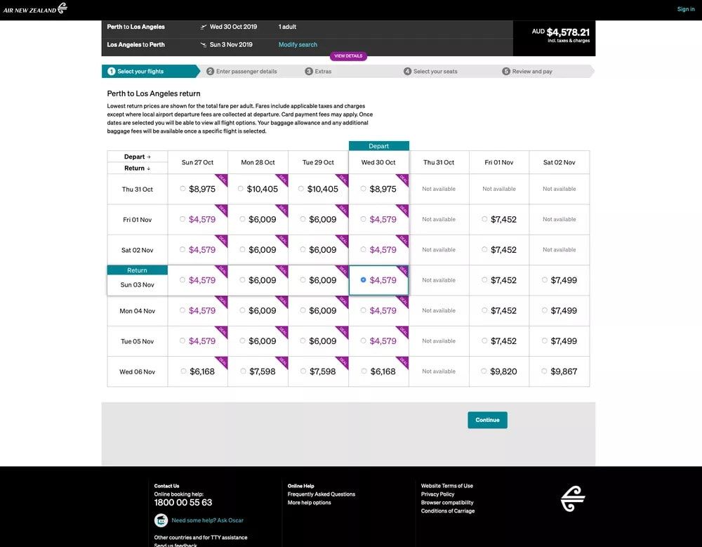 Air New Zealand fare calendar for Perth to Los Angeles return in business class