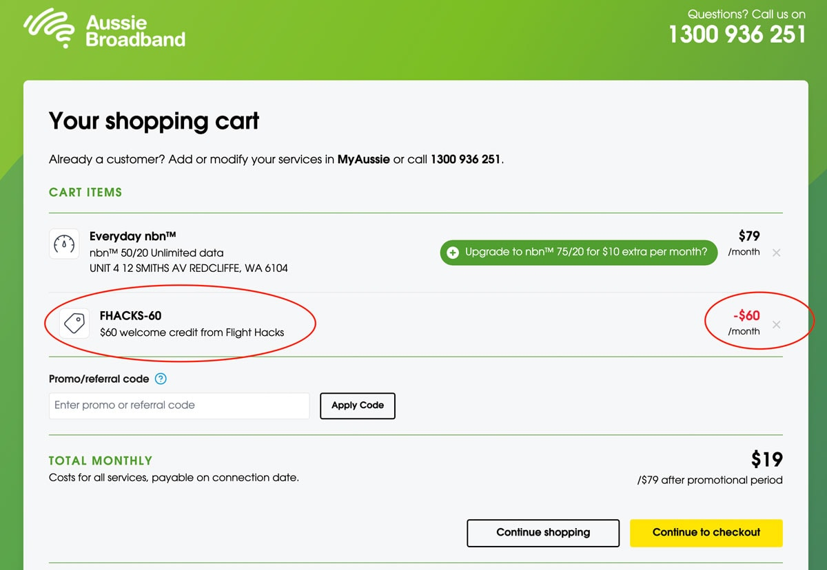 Aussie Broadband shopping cart with a $60 Flight Hacks welcome credit applied