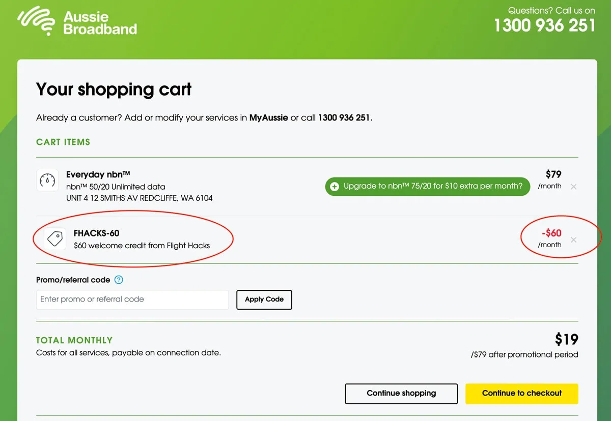 Aussie Broadband shopping cart with a $60 Flight Hacks welcome credit applied