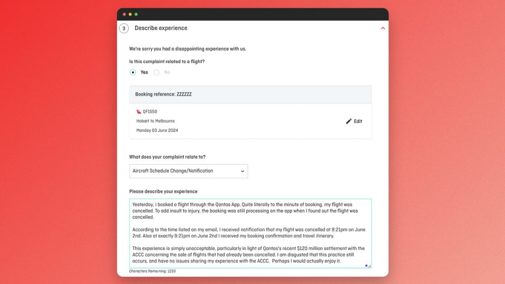 Qantas online complaint form describing a cancelled flight