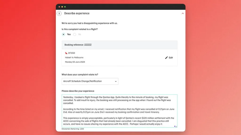 Qantas online complaint form describing a cancelled flight