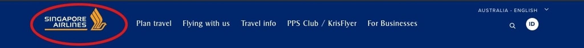 Singapore Airlines website header with the logo circled