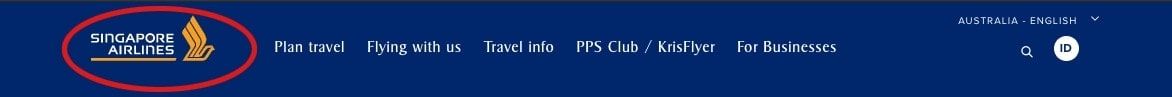 Singapore Airlines website header with the logo circled