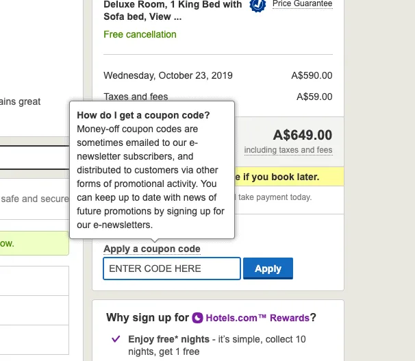 Hotels.com booking summary with the coupon code field