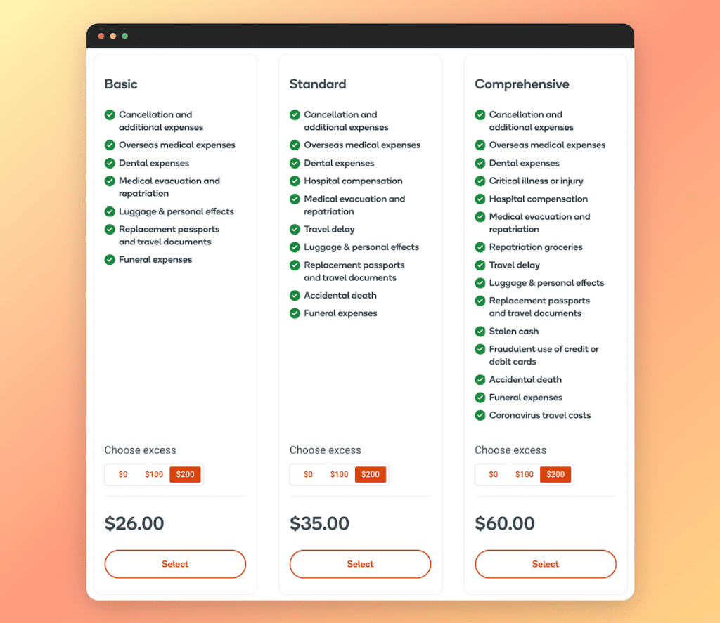 Everyday Insurance policy options: Basic $26, Standard $35 and Comprehensive $60