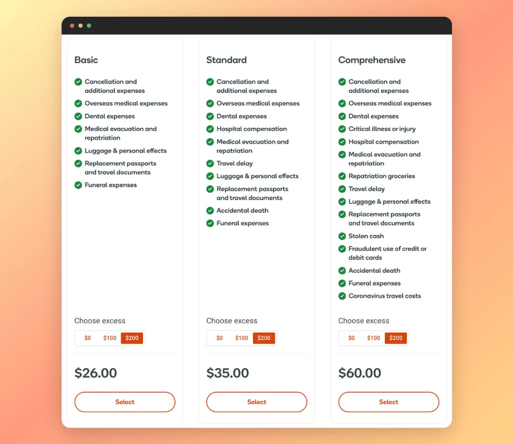 Everyday Insurance policy options: Basic $26, Standard $35 and Comprehensive $60