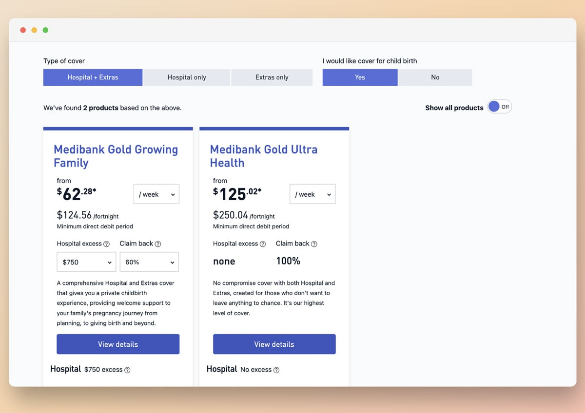 Medibank Gold hospital and extras cover options with weekly prices