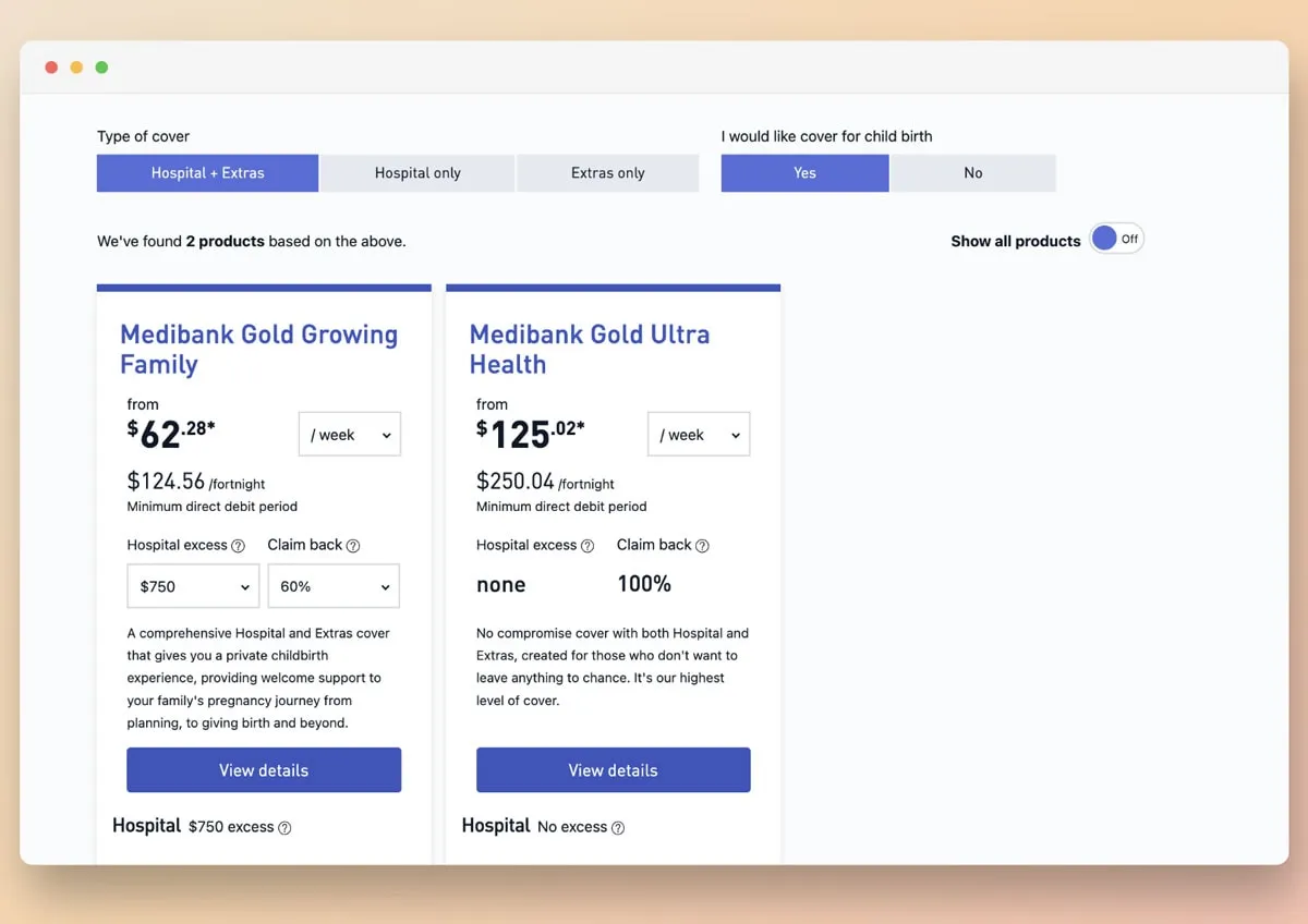 Medibank Gold hospital and extras cover options with weekly prices