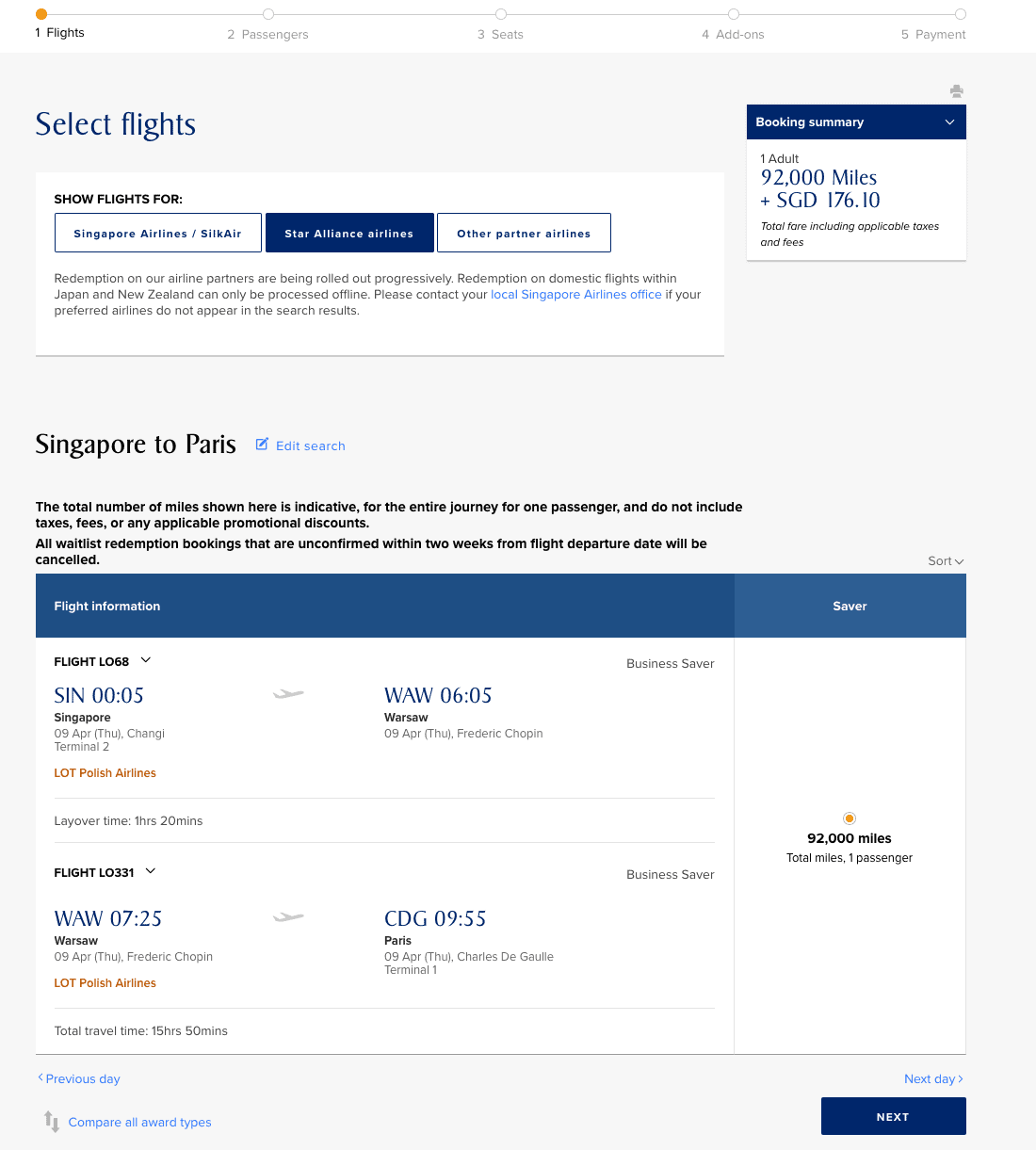 KrisFlyer redemption search for Singapore to Paris on LOT Polish Airlines business class for 92,000 miles