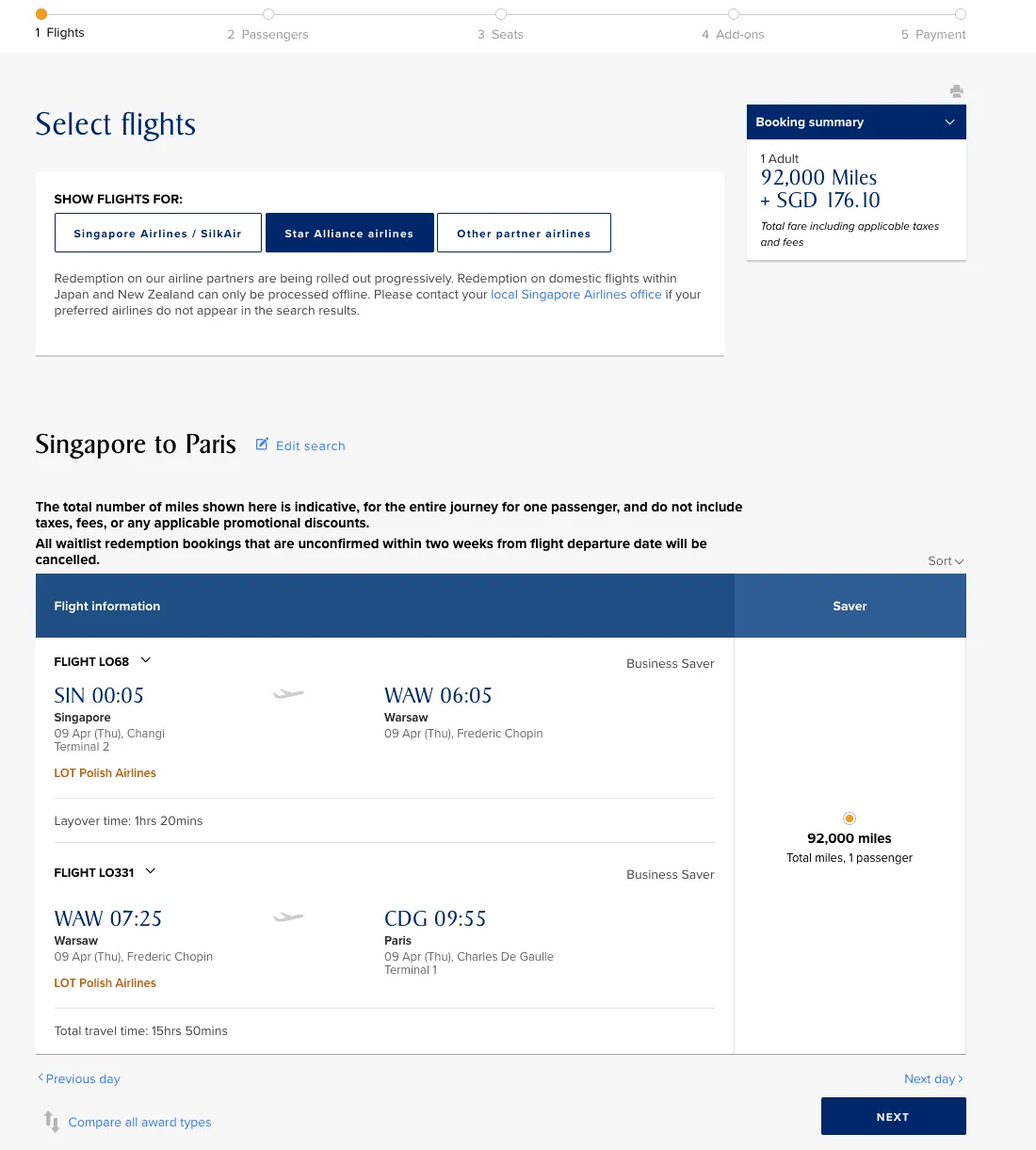 KrisFlyer redemption search for Singapore to Paris on LOT Polish Airlines business class for 92,000 miles